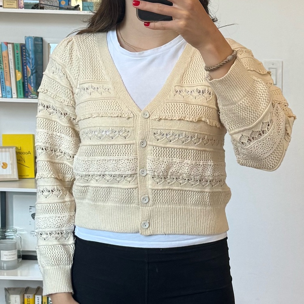 Allison New York Cream Cardigan Sweater with Lace and Frills